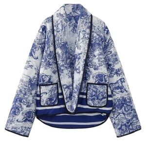 Amazon Yimoon Blue And White Cropped Puffer Vintage Floral Open Front NWOT 💕